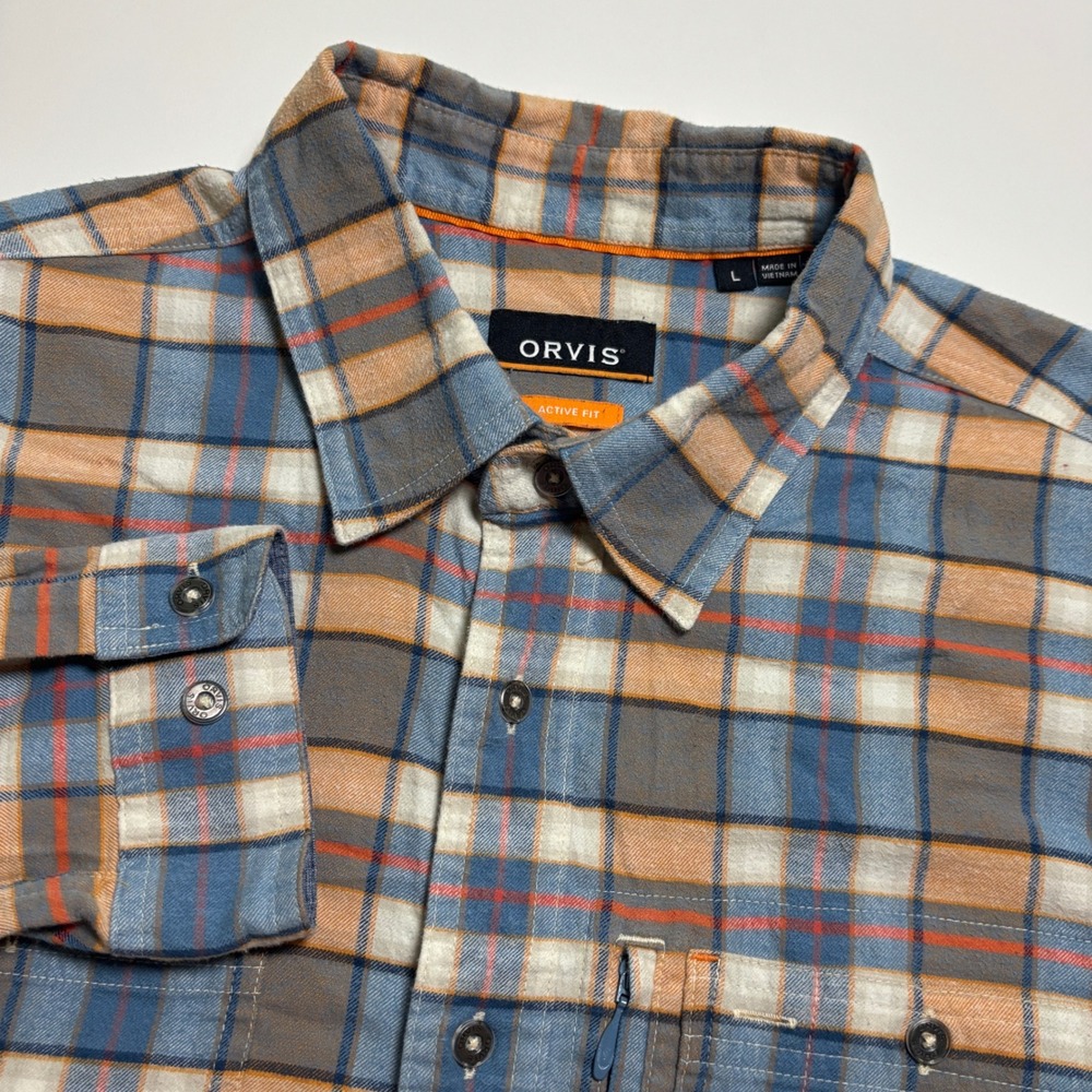 Orvis Mens Active Fit Flannel Plaid Mens L Blue Orange Hiking Camping Shirt